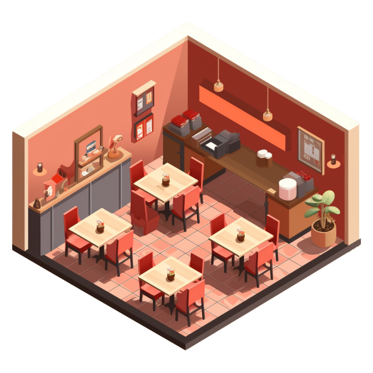 ose square 3D isometric of the inside of a restaurant 9ec377d9 42ae 4856 808b 24a100199ee3